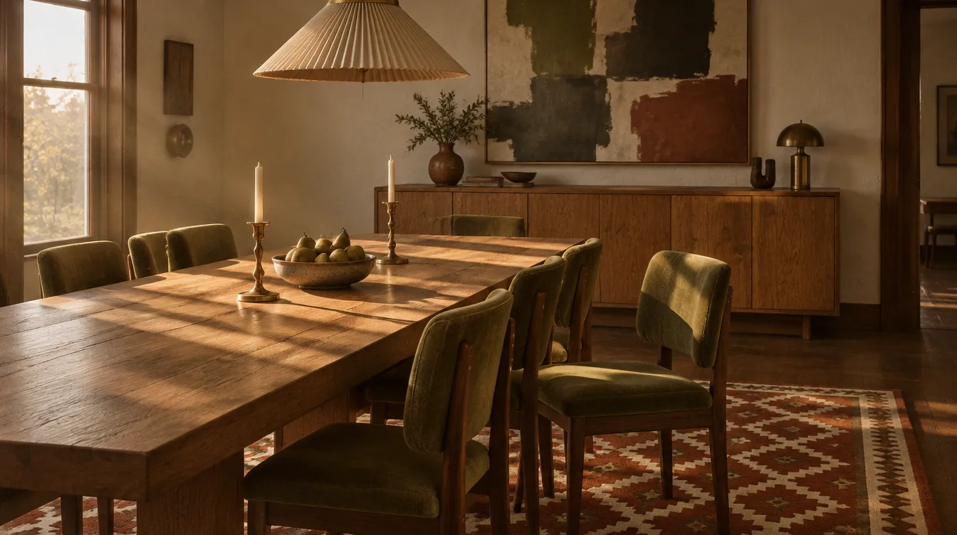 Table à manger en chêne massif et chaises en velours olive dans une lumière de fin d'après-midi