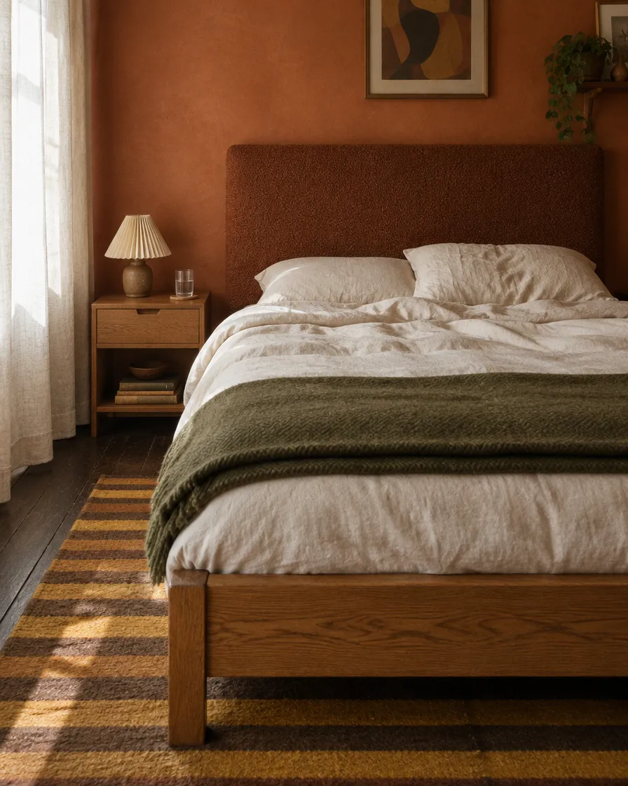 Chambre avec lit en chêne et tête de lit en tissu bouclé