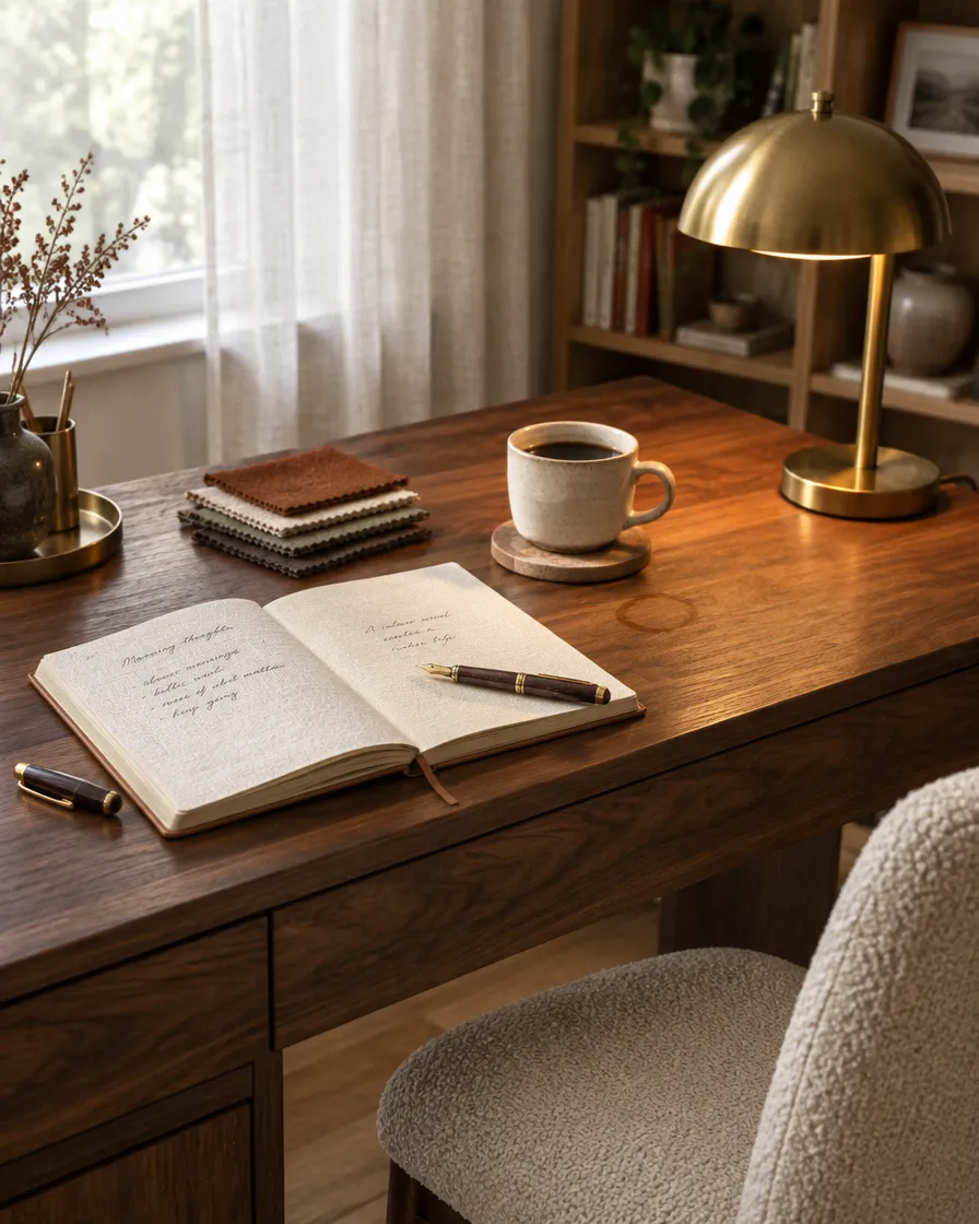 Bureau en noyer avec carnet et échantillons de tissu