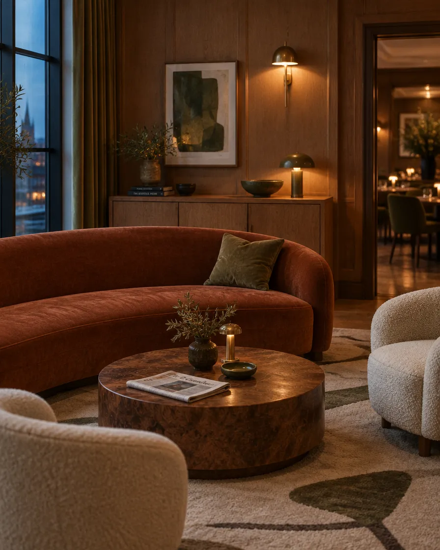 Salon d'hôtel avec canapé courbe en velours rouille, fauteuils en tissu bouclé et table basse en loupe de noyer