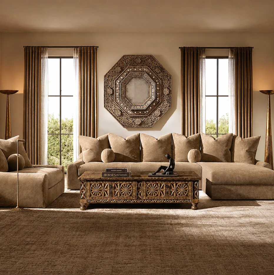 Canapé d'angle Gordes en cuir brun 3 places, collection canapés ELWOOD HOME