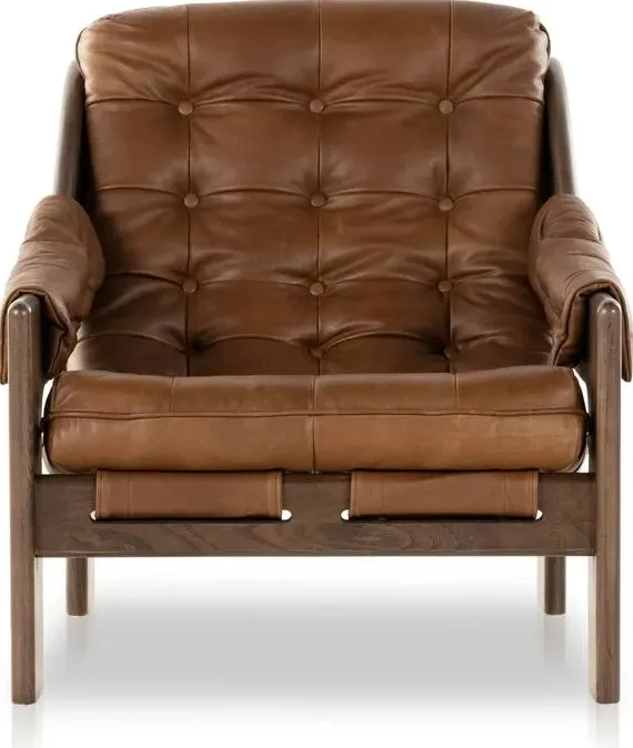 Chaise Manosque en cuir et frêne brun, vue 3 sur 4