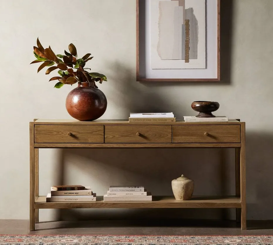 Console Aubenas en chêne brun 3 tiroirs, collection tables basses et d'appoint ELWOOD HOME