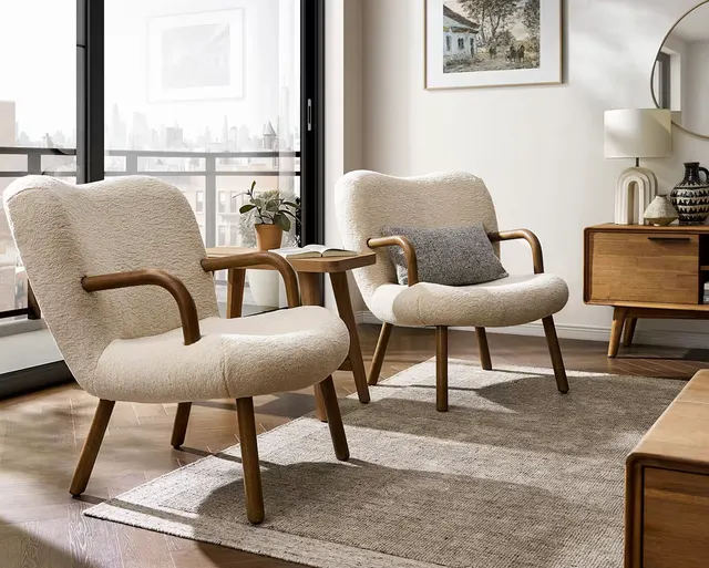 Fauteuil Barjac en tissu bouclé et noyer crème — fauteuils