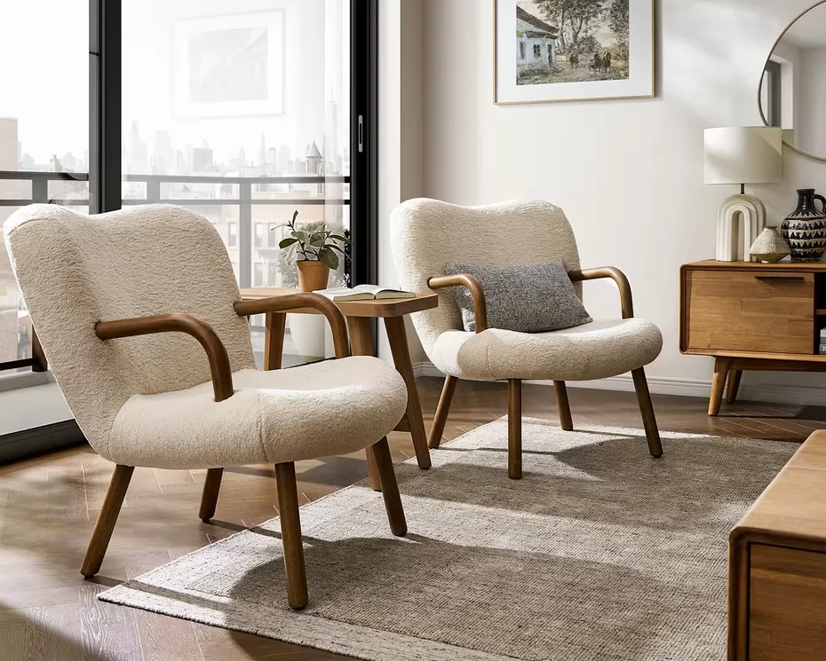 Fauteuil Barjac en tissu bouclé et noyer crème, collection fauteuils ELWOOD HOME