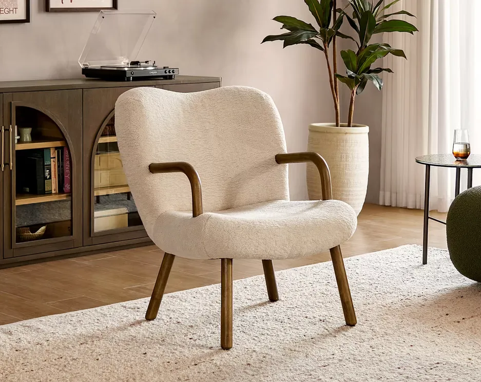 Fauteuil Barjac en tissu bouclé et noyer crème, vue 2 sur 4