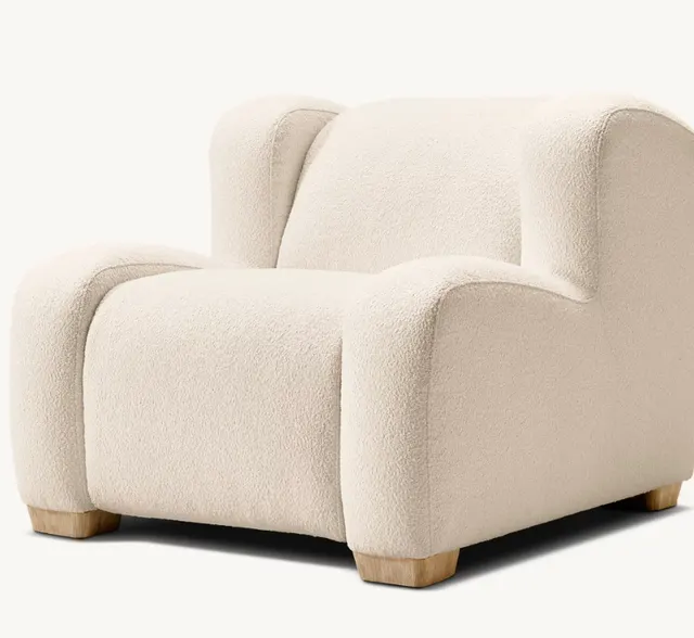 Fauteuil lounge Grasse en tissu bouclé et bois massif — fauteuils