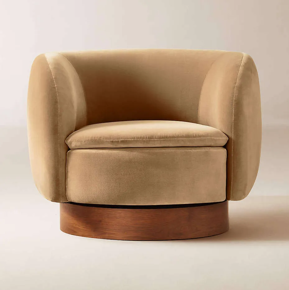Fauteuil pivotant Avallon en velours et noyer, vue 4 sur 6