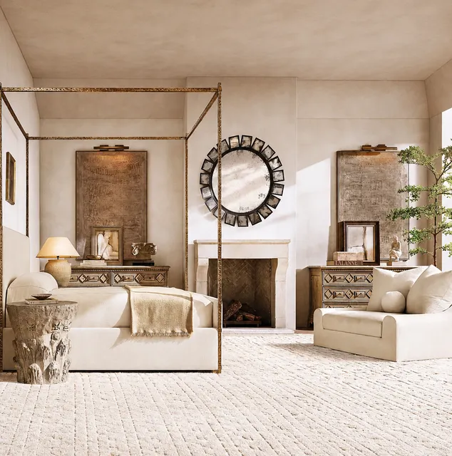 Lit à baldaquin Uzès en tissu crème king size — lits