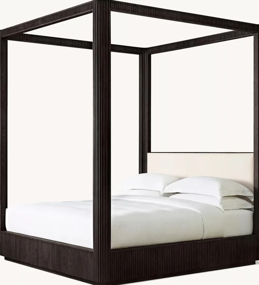 Lit à baldaquin Vauvert en tissu et placage de chêne king size, vue 3 sur 4