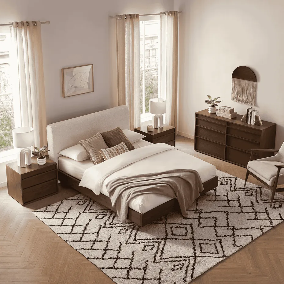 Lit Fécamp en tissu et bois massif king size, collection lits ELWOOD HOME