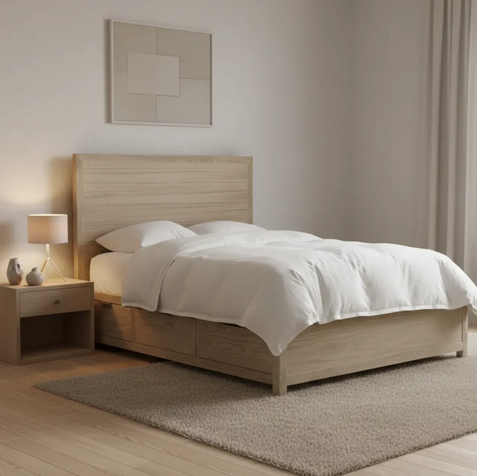 Lit Nolay en placage de chêne queen size, collection lits ELWOOD HOME