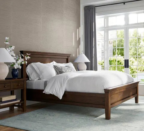 Lit Privas en tissu et placage de bois massif brun — lits
