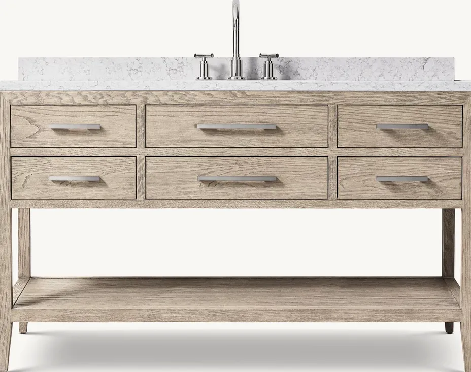 Meuble-lavabo de salle de bain en chêne blanc américain sablé, collection salle de bains ELWOOD HOME