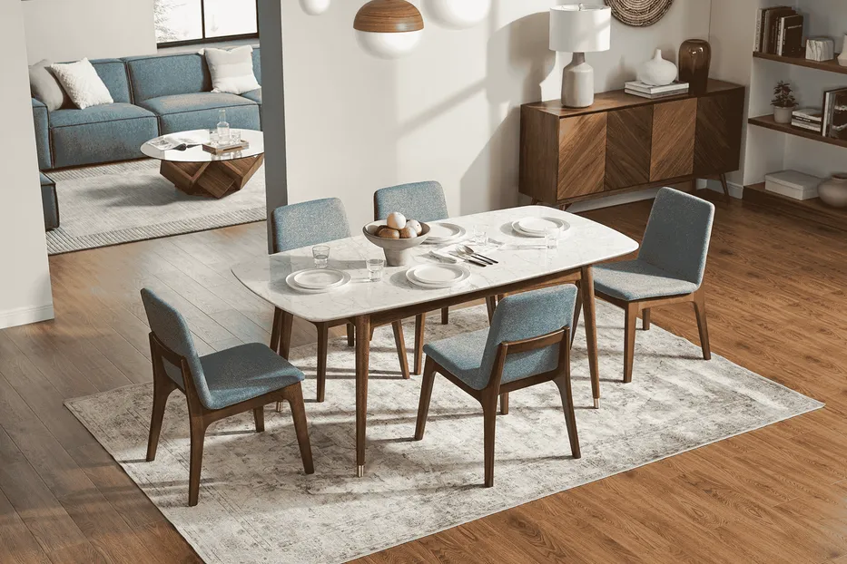 Table à manger Lunel en noyer et marbre, vue 2 sur 6