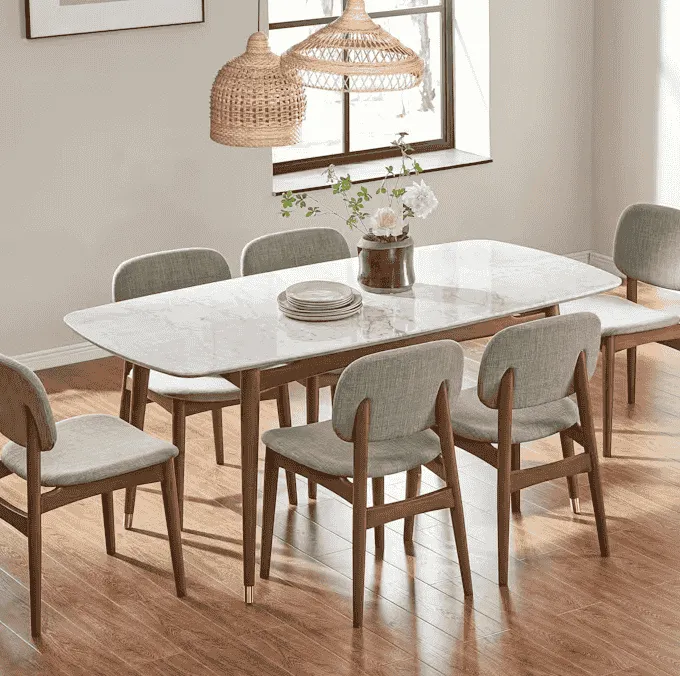 Table à manger Lunel en noyer et marbre, vue 4 sur 6
