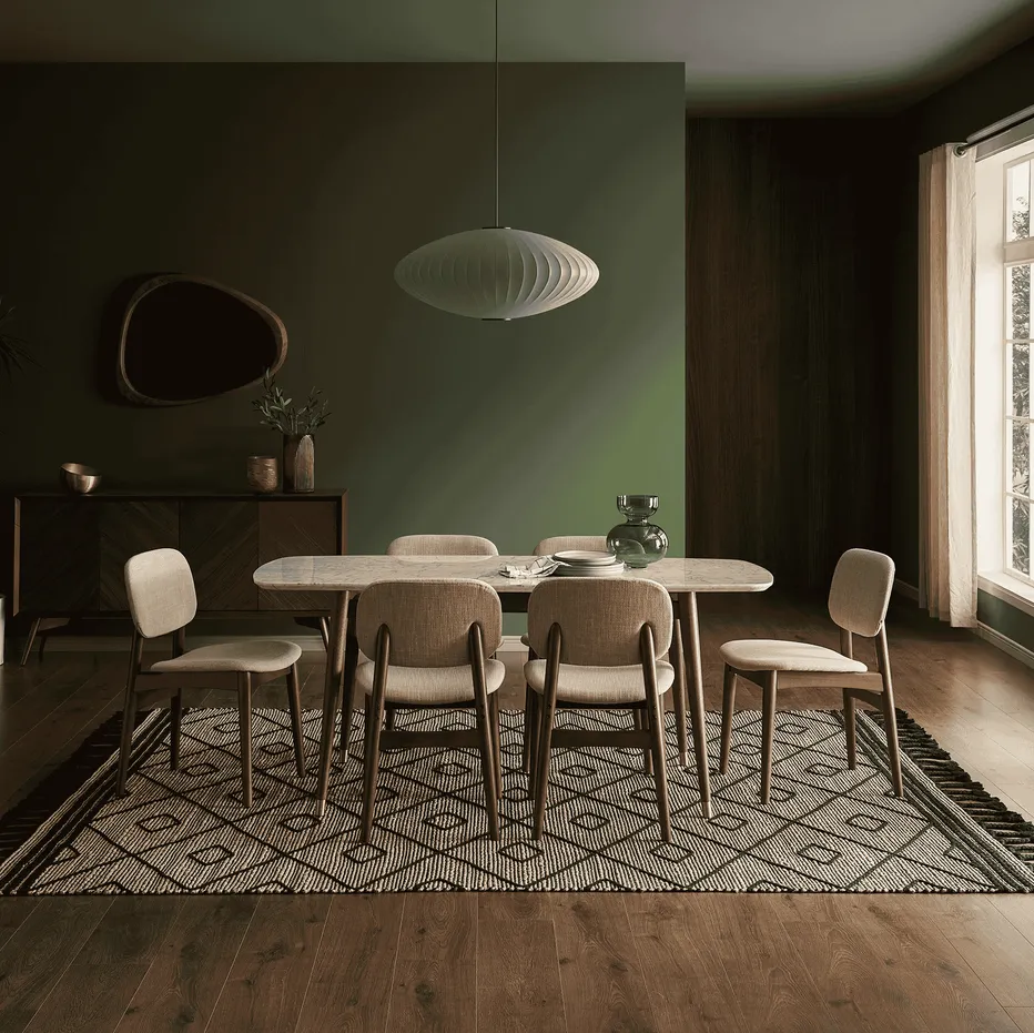 Table à manger Lunel en noyer et marbre, vue 5 sur 6