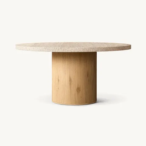 Table à manger ronde Lourdes en bois massif et travertin — tables à manger