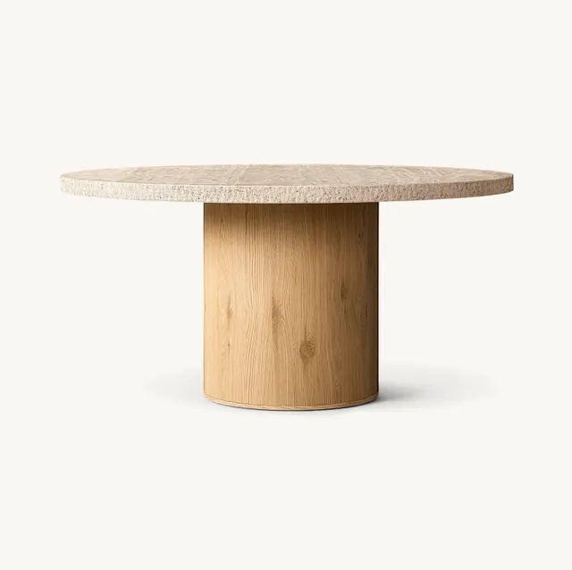 Table à manger ronde Lourdes en bois massif et travertin — tables à manger