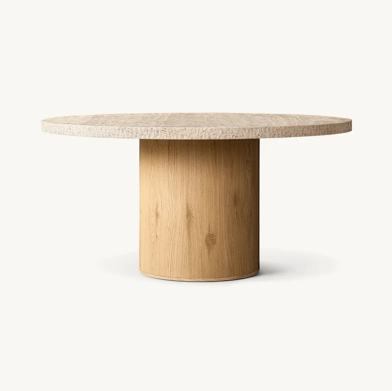 Table à manger ronde Lourdes en bois massif et travertin, collection tables à manger ELWOOD HOME
