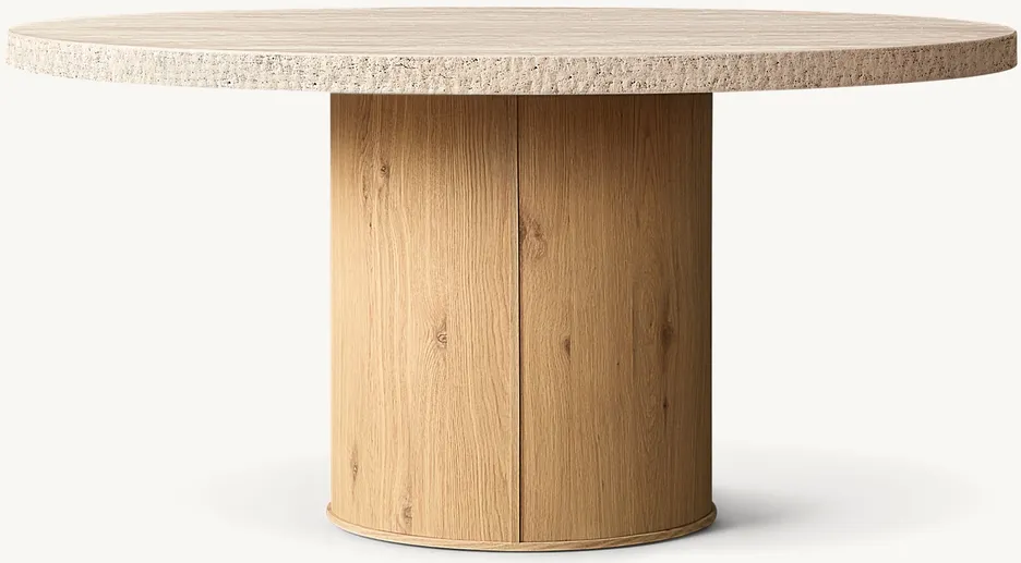 Table à manger ronde Lourdes en bois massif et travertin, vue 3 sur 5