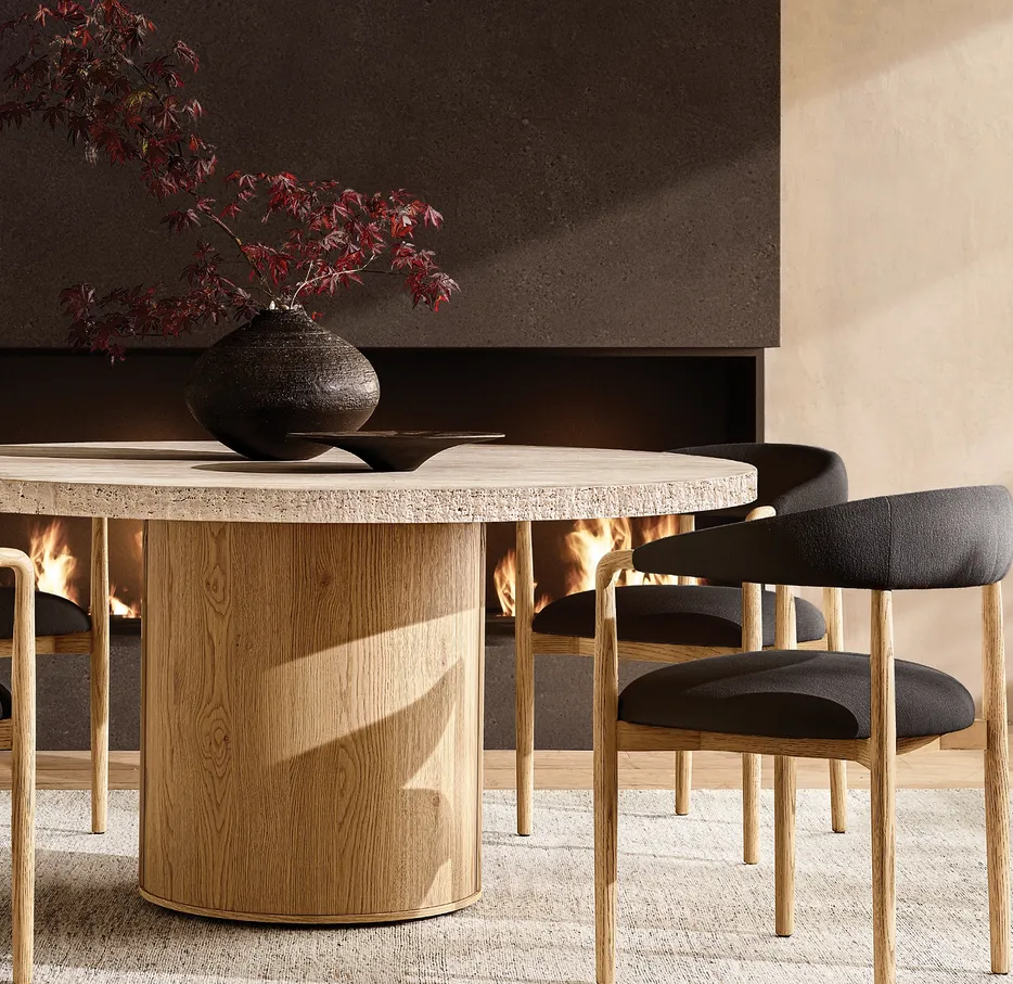 Table à manger ronde Lourdes en bois massif et travertin, vue 4 sur 5