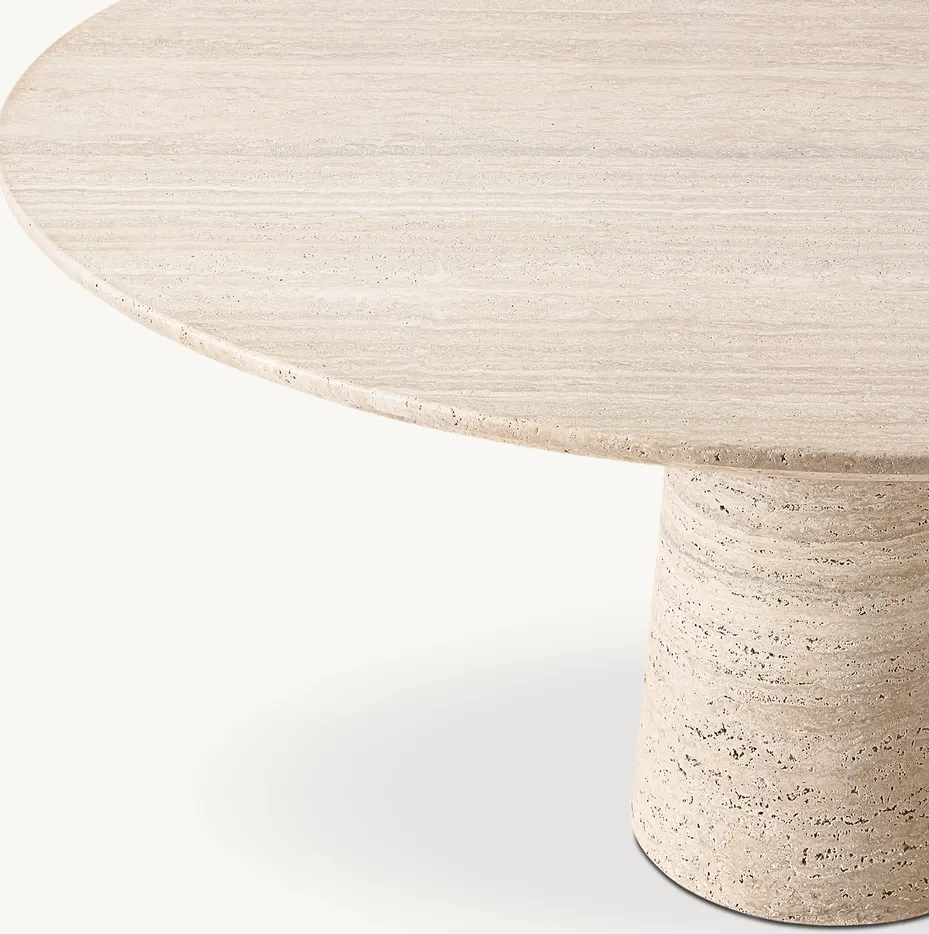 Table à manger ronde Nant en travertin beige, vue 3 sur 6