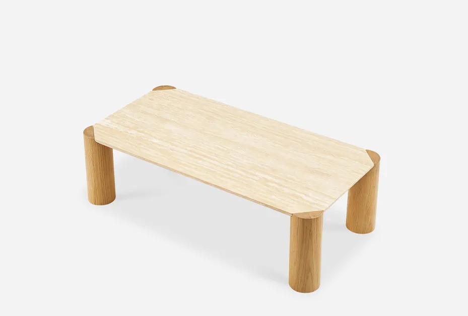 Table basse Megève en chêne et travertin, vue 5 sur 6