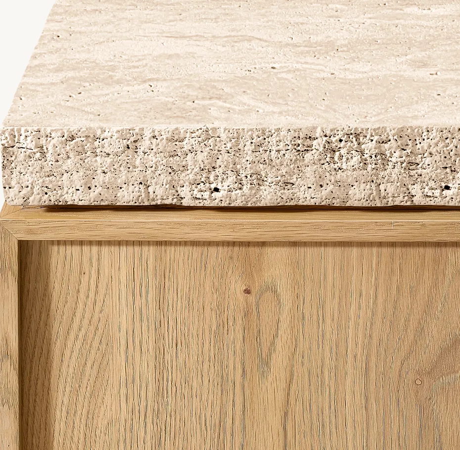 Table d'appoint Roussillon en bois massif et travertin, vue 2 sur 4