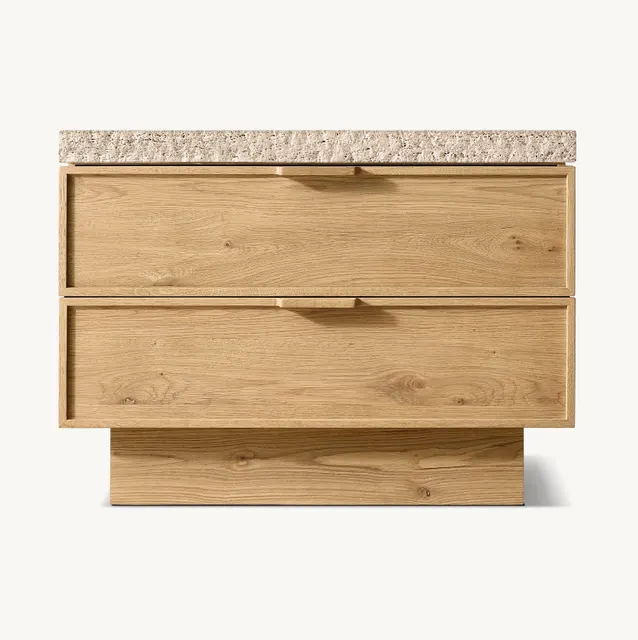 Table de chevet Arcachon en bois massif et travertin 2 tiroirs — tables de chevet