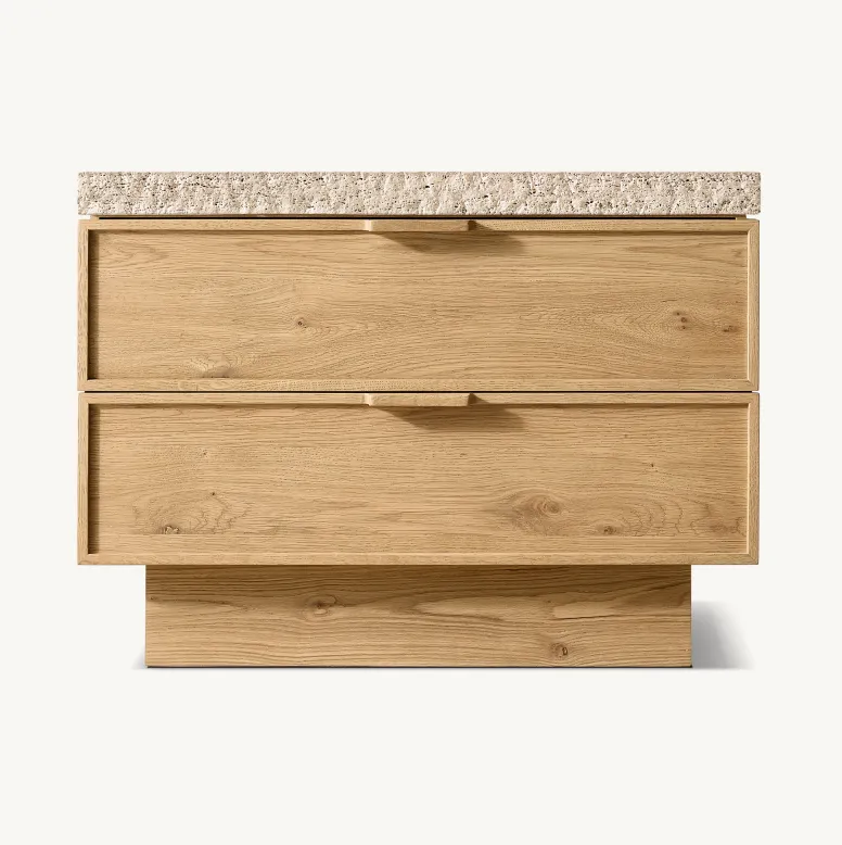 Table de chevet Arcachon en bois massif et travertin 2 tiroirs, collection tables de chevet ELWOOD HOME